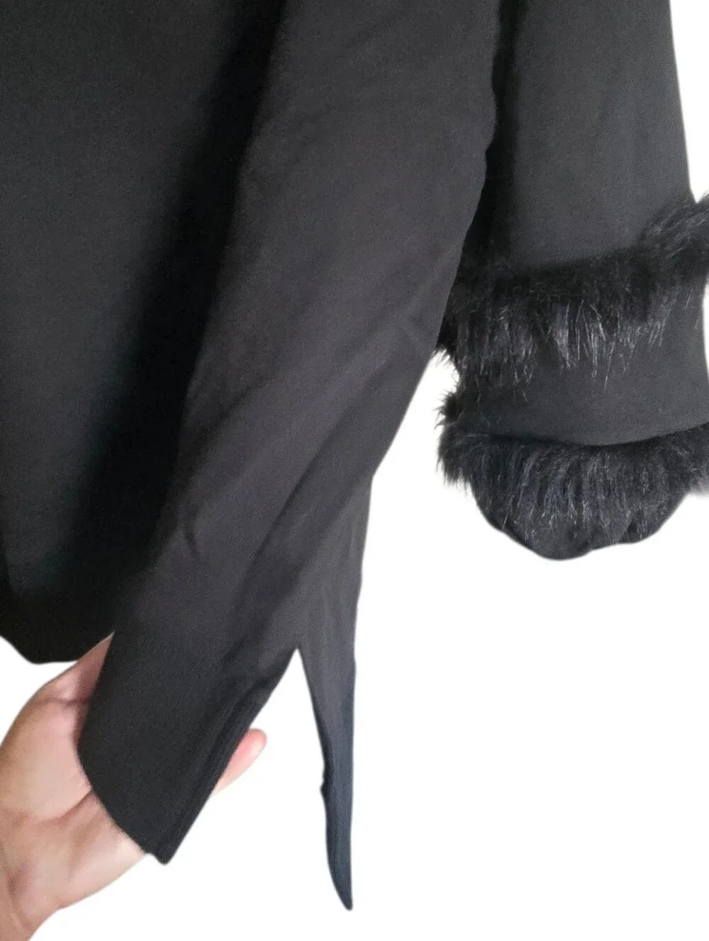 Black Women's Pullover Sweater with Faux-Fur Trim